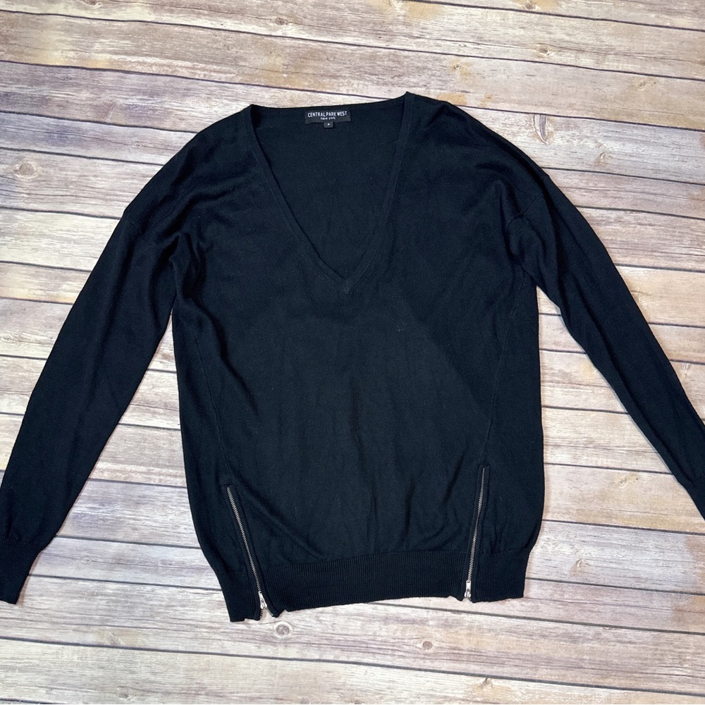 Central Park West deep V-neck black zip detail knit sweater S